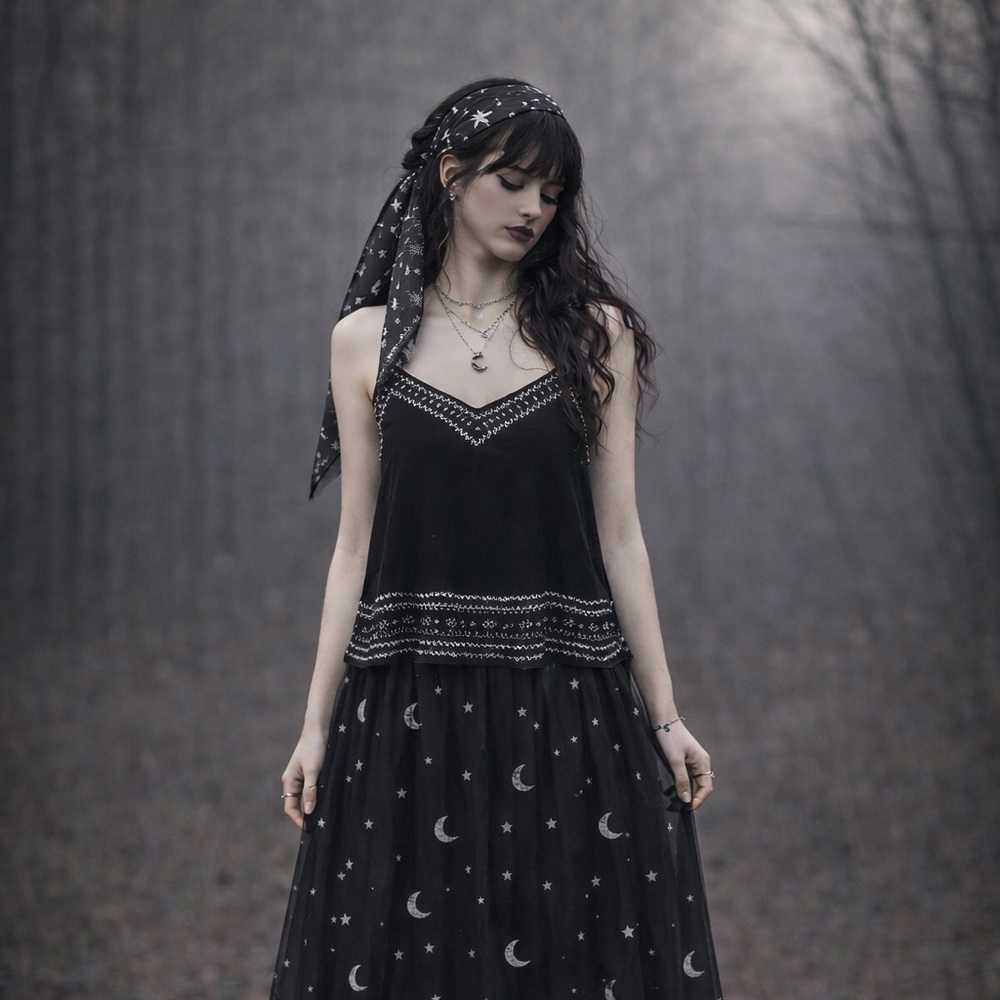 Whimsigoth Dark Fairy Black Semi-Sheer Beaded Camisole Tank Top Chiffon Y2K Sz L